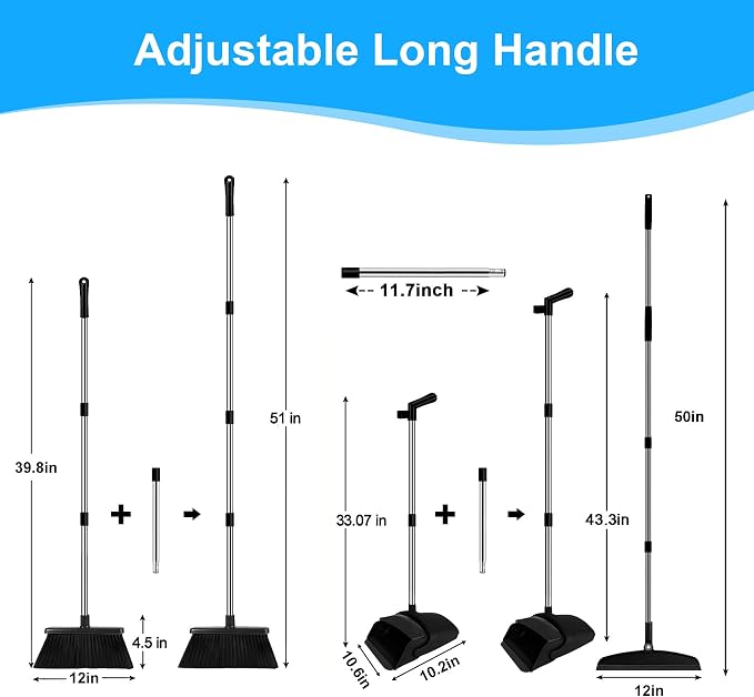 Broom and Dustpan Combo Set, 51" Long Handle with Squeegee | Black Complete Cleaning Kit, Floor Squeegee for Wet & Dry Messes, Built-in Comb Dustpan for Home & Pet Areas