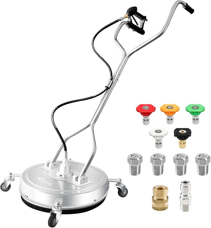 RAYNEL 20" Pressure Washer Surface Cleaner, Power Washer Accessory | Stainless Steel Housing, 4 Wheels, Dual Handles, 2 Hose Adapters, 5 Spray Nozzles & 4 Replacement Nozzles, Max 4000 PSI