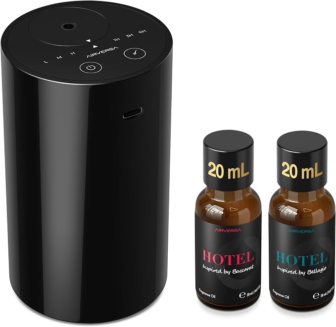Airversa AN8 Waterless Essential Oil Diffuser Starter Kit, Black | 2X20 mL BLG+BCR Hotel Scent Fragrance Oil, Up to 600 sq ft, Battery Operated, Portable for Home Car Office, AN8Kit-2x20-B