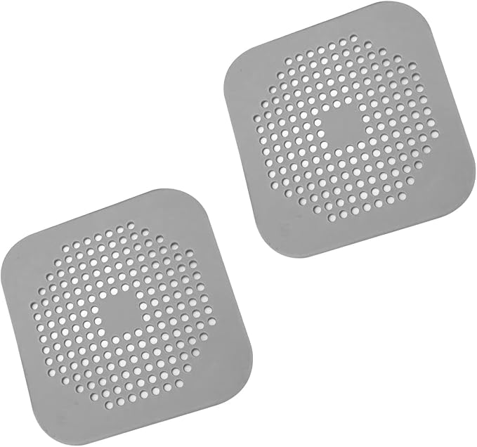 Square Drain Cover for Shower 5.7-inch TPR Drain Hair Catcher Flat Silicone Plug for Bathroom and Kitchen Filter Shower Drain Protection Flat Strainer Stopper with Suction Cups 2 Pack (Grey)