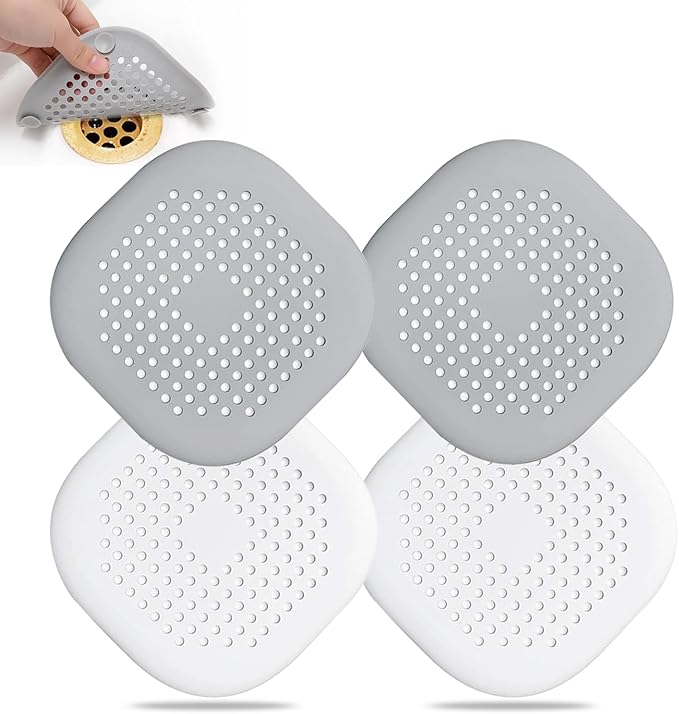 Bovinde Hair Drain Catcher Square for Shower 4PCS (Grey Aluminium White) | Drainer Cover Silicone Hair Stopper with Suction Cups,Protector Accessories,Easy to Install Suit for Bathroom,Bathtub,Sink