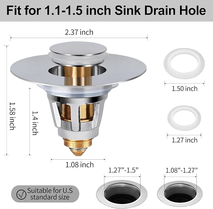All Brass Metal Sink Stopper with Hair Catcher | Universal Bathroom Drain Strainer | Anti Clog Filter Basket, Polished Chrome, Fit for 1.08-1.5 Inch Sink Drain Hole