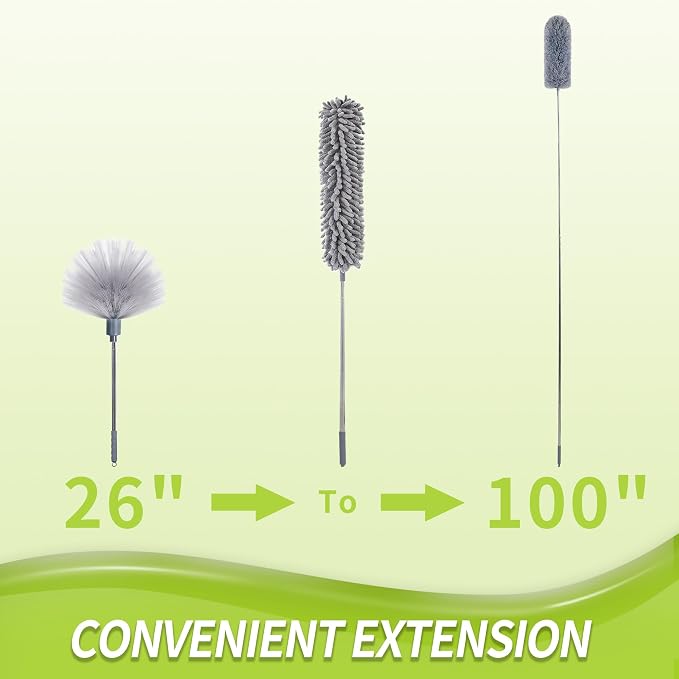 IVYROLL Cobweb Duster & 100'' Microfiber & Chenille Ceiling Cleaner Kit | Reusable Feather Duster with Extension Pole, Bendable, Washable