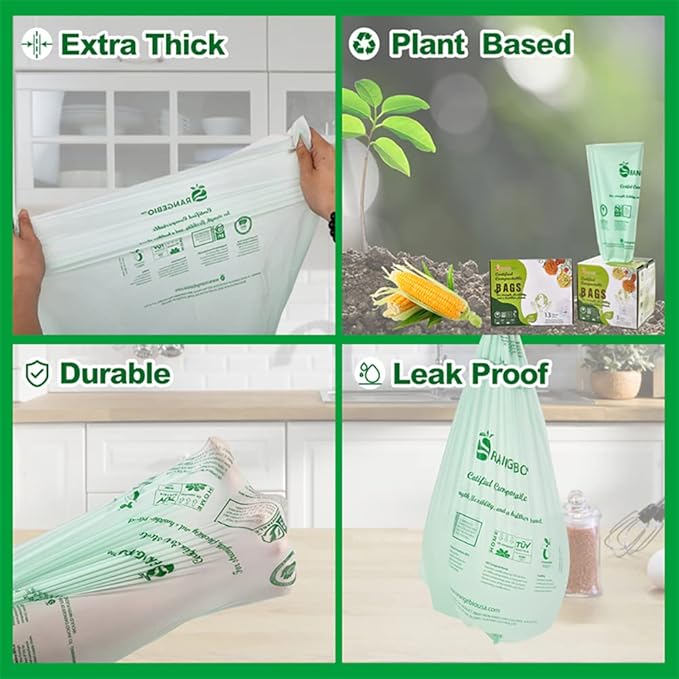 100% Compostable Trash Bags 13 Gallon Tall Kitchen, 100 Count, 0.9 Mil, Kitchen Compost Bags, Large Compostable Bags US BPI ASTM D6400 and OK Compost Home Certified