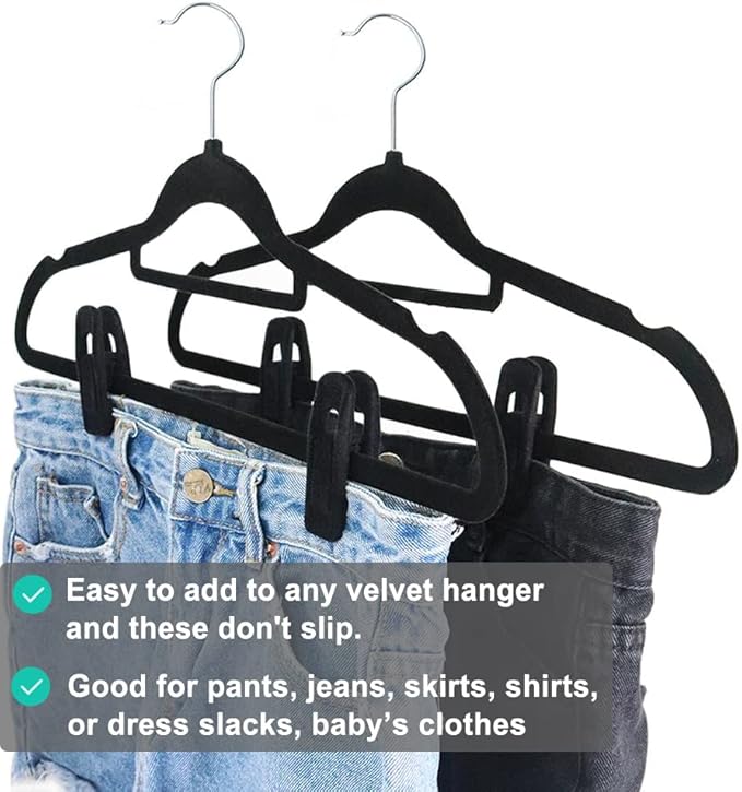 Black Velvet Hangers Clips 50 PCS, Non-Slip Velvet Clips for Suit Pant Skirt Hanger, Strong Finger Clips Perfect for Thin Flocking Hangers