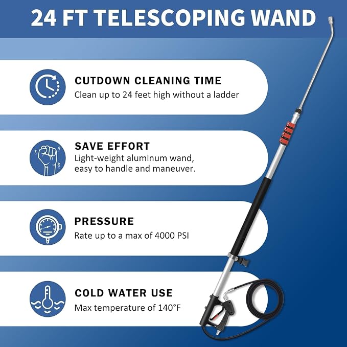 LidoDola 24FT Telescoping Pressure Washer Wand, Power Washer Accessory | Effortlessly Cleans Farther,Lightweight aluminum extension pole, Includes 2 Extension Wands, Brush, 5 Nozzles & Harness