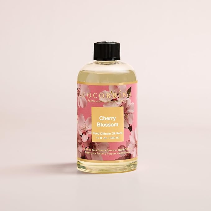 Reed Diffuser Refill Cherry Blossom 17oz (500ml) with 8 Sticks - Premium Long-Lasting Scented Oil, Home Fragrance for Bedroom, Bathroom Home Decor