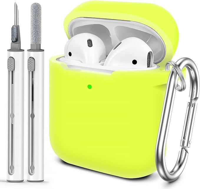 for AirPods Case Cover, Come with Cleaner Kit, Soft Silicone Protective Cover with Buckle, Compatible with AirPods 2nd 1st Generation Charging Case, Front LED Visible, Bright Yellow