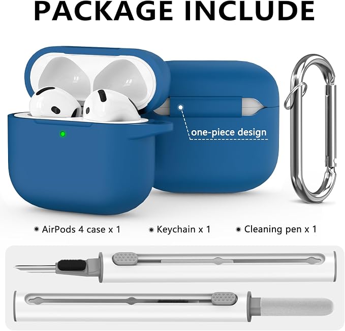 Ljusmicker for AirPods 4 Case 2024 with Cleaner Kit,Soft Silicone Protective Cover for Apple AirPods 4th Generation Cases for Women Men,for AirPod 4 Case Accessories with Keychain-Lake Blue
