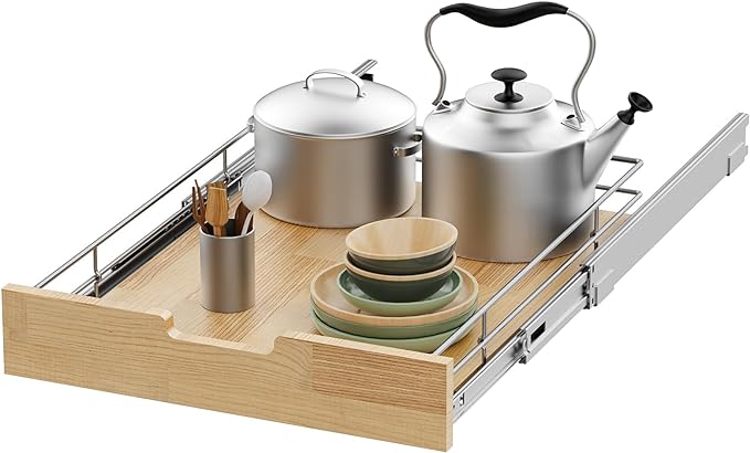 Pull Out Cabinet Organizer,Heavy-Duty Slide Out Shelf, Wood And Wire Basket, Pull Out Drawer for for Kitchen Under Sink Space, Pantry, Bathroom (17 * 21 WM)
