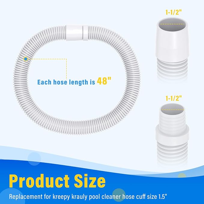 Universal Pool Vacuum Hose 48" Long Fit for Kreepy Krauly, Baracuda G3/G4, Hayward Navigator, Pool Vac Ultra and Most Automatic Pool Vacuum Cleaners, Swimming Pool Cleaner Suction Hose, 2 Pack