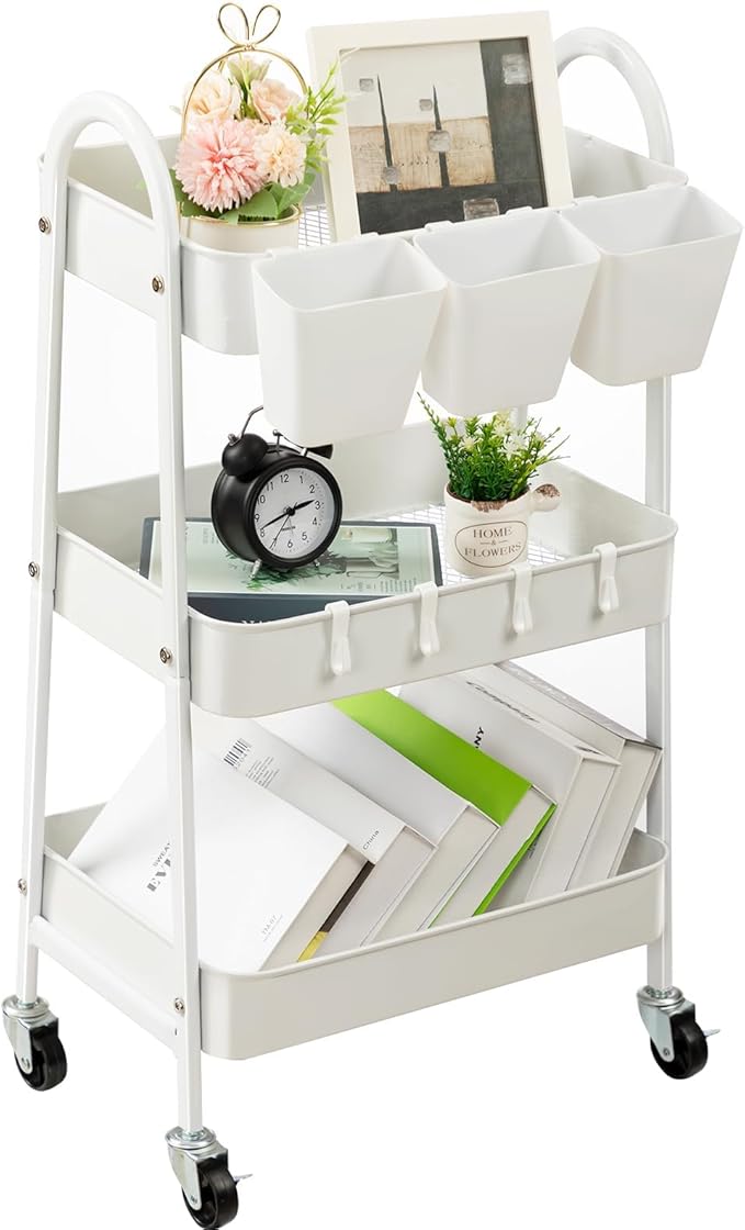 danpinera 3-Tier Rolling Cart, Metal Rolling Storage Cart with Lockable Wheels & Hanging Cups & Hooks, Mobile Trolley Cart for Kitchen, Bathroom, Office, Workshop, White