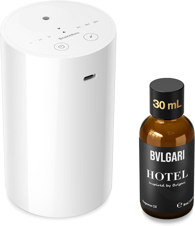ANZ Waterless Essential Oil Diffuser Starter Kit, White | 30 mL BGR Hotel Scent Fragrance Oil, Battery Operated, Up to 600 sq ft, Portable for Home Car Office, ANZKit-30-G