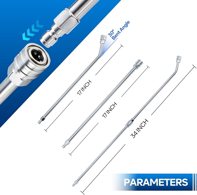 AURORA CAR Pressure Washer Extension Wand, 17 Inch Stainless Steel, 2 Pack | 1/4 Inch Quick Connect Power Washer Wand Extension, 17" Straight Extension Lance and 30 Degree Curved Angled Extension Wand