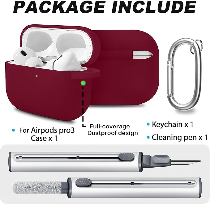 Full-Coverage dustproof Design for AirPods Pro 3 Case Cover with Cleaner Kit, Soft Silicone Cover for AirPods Pro 3rd Generation Comes with Keychain,Suitable for 3rd Generation Case,Wine Red