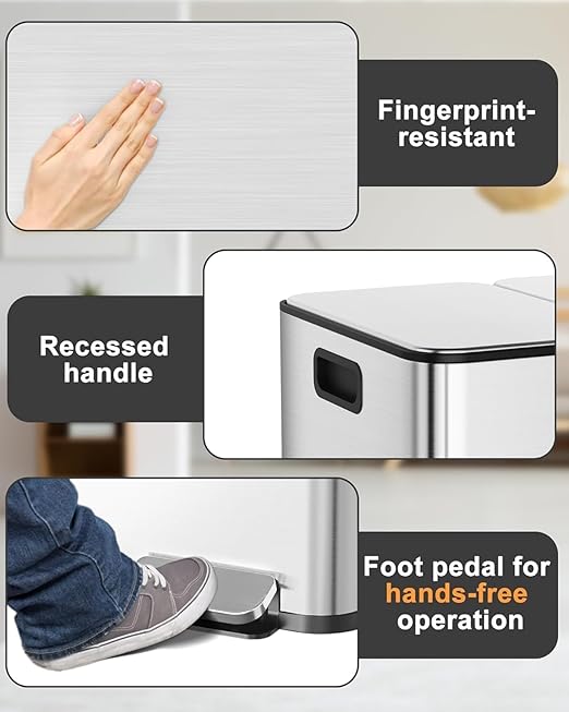 90L/3 x 7.9 Gal Trash Can,Three-Compartment Pedal Stainless Steel Kitchen Recycling Trash Can with Odor Seal, Hands-Free Foot Operated Waste Bin for Home, Office, Restaurant, School, Hospital