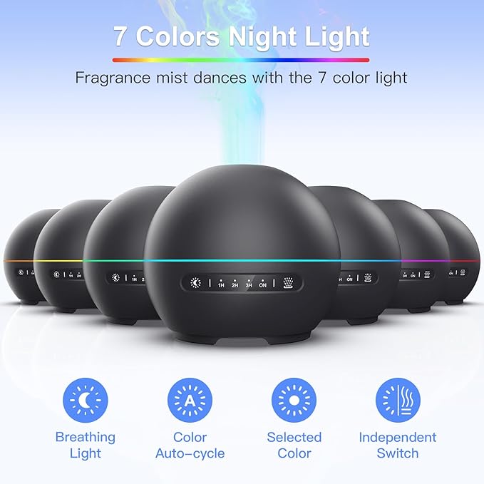 THIMONES 2 Pack Essential Oil Diffuser for Home - 200ml Ultrasonic Aromatherapy Diffuser with 4 Timers & 7 Colors Night Lights, 20dB Quiet Working for 10 Hours (Black+Black)