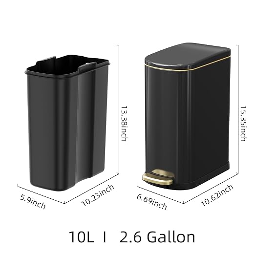 KSSKSS 2.6 Gallon Slim Bathroom Trash Can with Soft-Close Foot Pedal, 10L Stainless Steel Garbage Can with Removable Liner Bucket, for Narrow Spaces,Bathroom, Bedroom (Titanium Black)