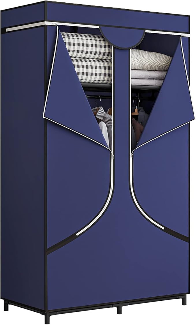 SORCEDAS Portable Closet Wardrobe with Hanging Rods Shelves Clothes Storage | 34 Inch Closet Organizers and Storage with Non-Fabric Cover,Freestanding Clothes Closet for Bedroom,dorm,Storage Rooms Blue