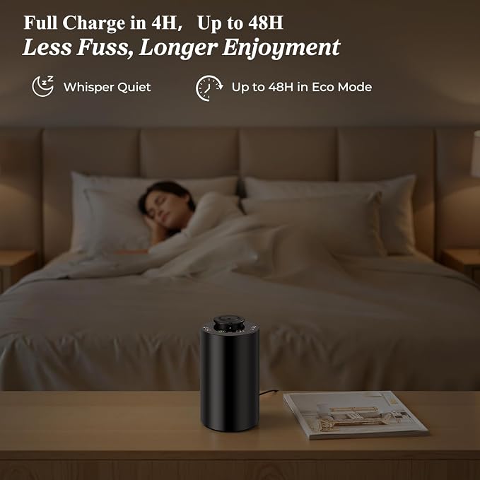 URPOWER Waterless Essential Oil Diffuser Cordless Mini Scent Diffuser 20mL | Includes 2 x 20mL Hotel-Inspired Essential Oils, Rechargeable Aluminum Waterless Diffuser for Car, Home & Office, Black