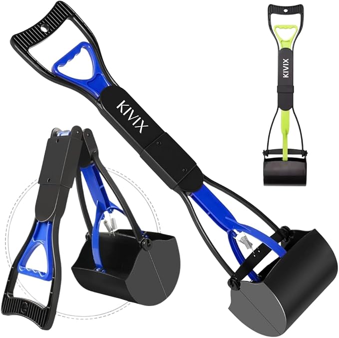 KIVIX 28" Pooper Scooper Foldable Blue Dog Pooper Scooper Poop Scooper with Unbreakable Material and Durable Spring Easy to Use for Grass, Dirt, Gravel