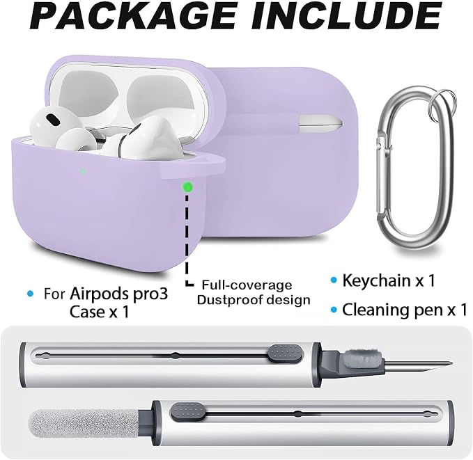 Full-Coverage dustproof Design for AirPods Pro 3 Case Cover with Cleaner Kit, Soft Silicone Cover for AirPods Pro 3rd Generation Comes with Keychain,Suitable for 3rd Generation Case,Lavender