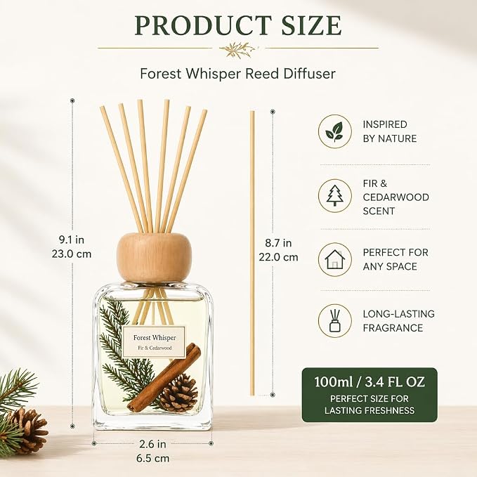 Fir Reed Diffuser, 3.4 Fl Oz | Woody fir forest scent; Up to 120 Days of Fragrance for Bedroom, Bathroom, Living Room or Office; Gift-ready.
