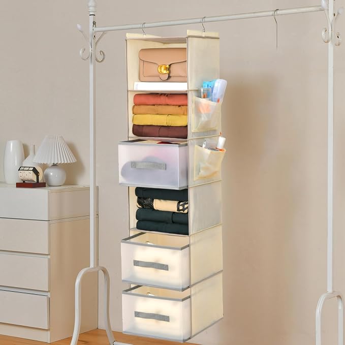 6-Tier Hanging Organizer w/ 3 Drawers,Side Pockets for Closet,Beige | Suitable for all wardrobe storage, with strong load-bearing capacity and easy to disassemble and assemble.