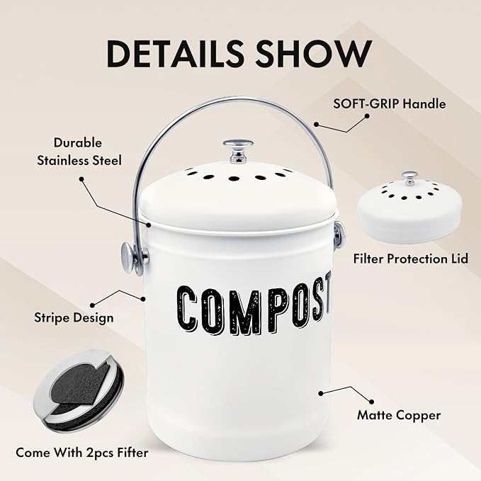 Compost Bin Kitchen, ENLOY Countertop Compost Bin with Lid Use for Kitchen Food Waste, Powder Coated Rust Proof Odorless Compost Bucket, 1.3 Gallon, White