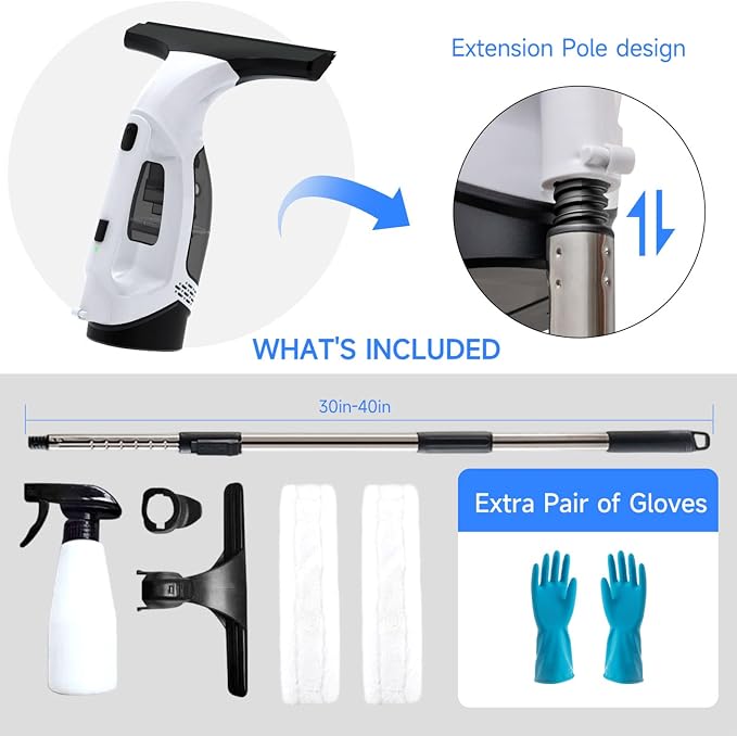 Window Vacuum Squeegee Cordless, Window Vacuum Cleaner with 2000Pa Streak-Free Suction, 30–40" Extension Pole, 11-Inch Cleaner Tool for High Windows, Shower Glass, Tiles & Mirrors