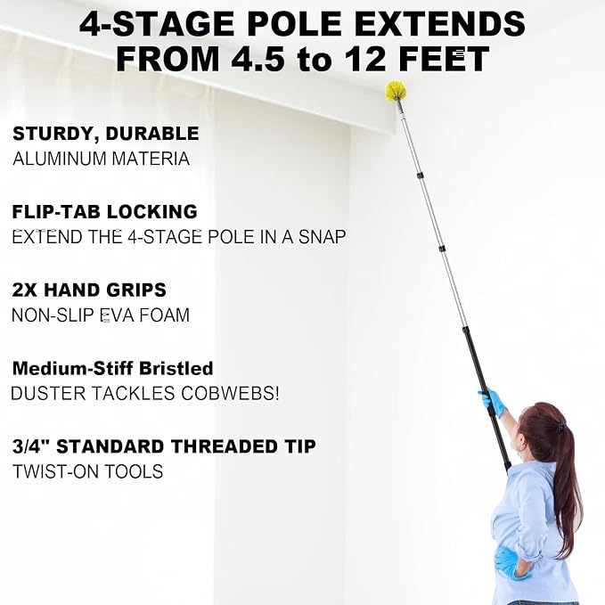 4-12Ft Cobweb Duster with 4-Stage Extension Pole for Ceiling Wall | Feather Dusters with Bristles for Outdoor Indoor, 4-Stage Spider Web Remover with Telescopic Pole for Ceiling Wall Yellow