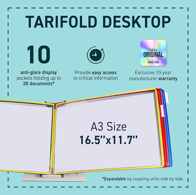 Tarifold A3 Landscape Desktop Reference System, 10 Pockets, Assorted | 10 double-sided wire-reinforced pockets hold 20 A3-size sheets in landscape view, assorted colors, easy to assemble