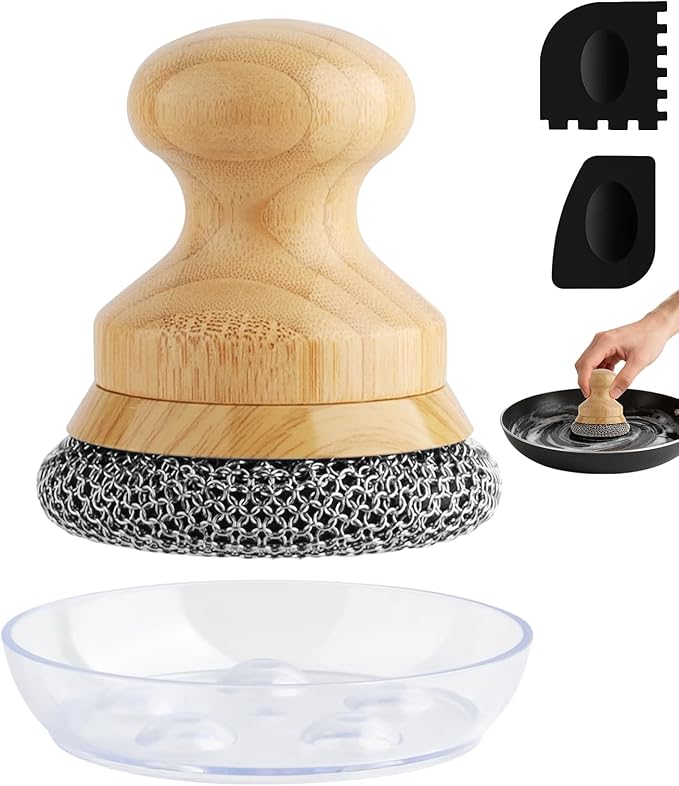 Cast Iron Scrubber and Scraper,Chain Mail Cleaner with Bamboo Handle & Draining Tray,316 Stainless Steel Brush for Cleaning Pots,Pans,Wok,Bakeware,Griddles, Grills,Dishes (Small Chain Mail)