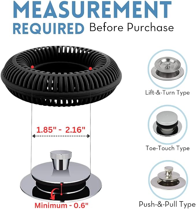 TubRing Pop-Up Drain Protector & Strainer Silicone Hair Catcher, Black | Easy snap-in design fits around bathtub stoppers. Customizable utility guard for clog prevention. Fits 1.85"- 2.16" drains.