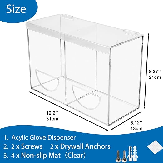 SEANADO Clear Acrylic Glove Holder Dispenser with Lid, 2 Compartments Hygiene Station Storage Box for Beard Nets, Hairnets, Plastic Bags, Shoe Cover - Wall Mount or Tabletop