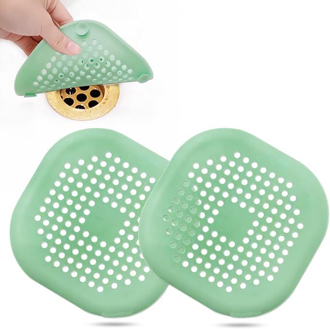 Bovinde Hair Drain Catcher,Square Cover for Shower 2 Pack (Green) | Drainer Cover Silicone Hair Stopper with Suction Cups,Protector Accessories,Easy to Install Suit for Bathroom,Bathtub,Sink