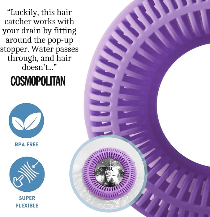 TubRing Pop-Up Drain Protector & Strainer Silicone Hair Catcher, Violet | Easy snap-in design fits around bathtub stoppers. Customizable utility guard for clog prevention. Fits 1.85"- 2.16" drains.