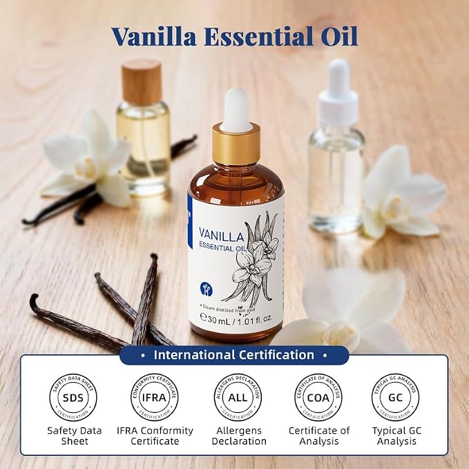 HIQILI Vanilla Essential Oil for Diffuser, Skin Care, Candle Soap Making | Strong Fragrance for DIY Perfume, Blends with Lotion and Lip Balm for Dry Skin Comfort - 30 mL / 1 fl oz