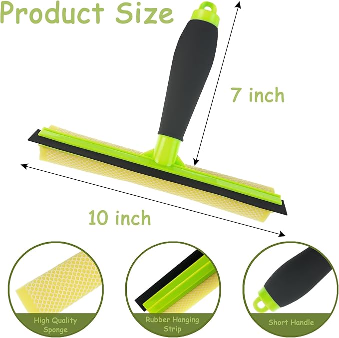 Shower Squeegee Window Squeegee Cleaner for Shower Doors Glass, 2 in 1 Window Cleaning Tool Window Scrubber Handheld Squeegee for Car Windshield with Sponge and Rubber Squeegee, Green