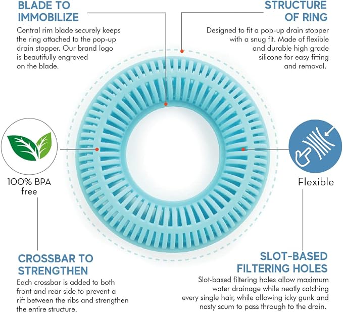 TubRing Pop-Up Drain Protector & Strainer Silicone Hair Catcher, Aqua | Easy snap-in design fits around bathtub stoppers. Customizable utility guard for clog prevention. Fits 1.85"- 2.16" drains.
