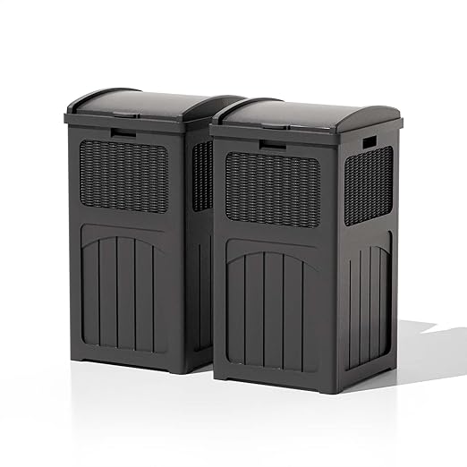 Patiowell 36 Gallon Outdoor Trash Can, Resin Outdoor Garbage Can with Lid for Patio, Backyard, Deck, Black (2 Pack