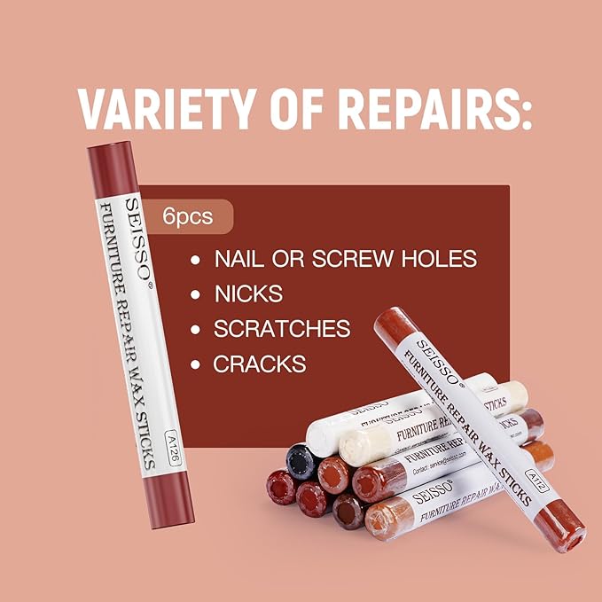 SEISSO Wood Filler Sticks- 6 Pcs, Furniture Repair Wax Crayons, Furniture Marking Repair - Scratch, Cracks, Hole, Table, Wood Floor, Guitar - Crimson Rose