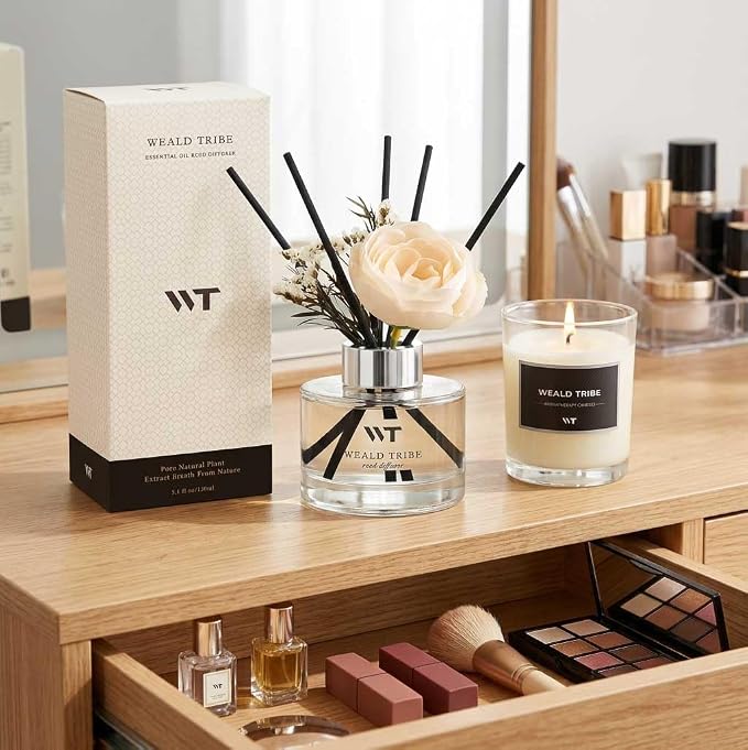 Flower Reed Diffuser Set Sandalwood Rose Scent for Bathroom Accessories Shelf Decor & Air Fresheners, Sticks Defusers with 5.1 fl oz Essential Oils & Leaves, House Bedroom Office Decor & Gifts