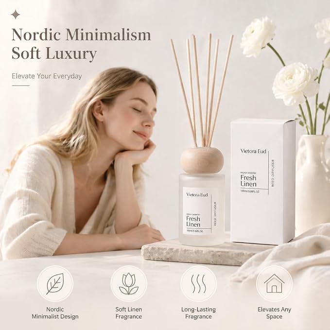 Fresh Linen Reed Diffuser, 3.5 Fl Oz | Lasts 12 Weeks, Flameless&Safe. Perfect for Bedroom/Living Room. Natural Oils, Gift