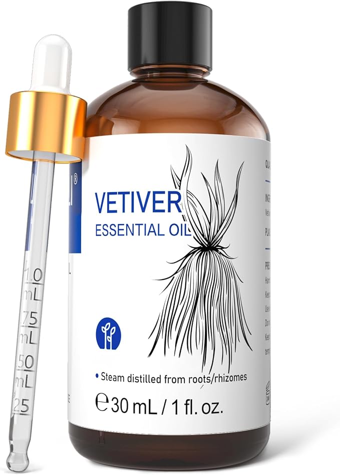 HIQILI Vetiver Essential Oil for Diffuser, Massage, Skin Care | Suitable for Aromatherapy, Candle & Soap Making Scent, SPA, Add to Shampoo, Lip Balm - 30 mL / 1 fl oz