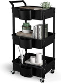 3-Tier Utility Rolling Cart,Mobile Utility Cart with Lockable Caster Wheels,Storage Shelves Organizer Cart, 3 Hanging Baskets, Easy Assembly,for Bathroom, Kitchen, Office, Workshop