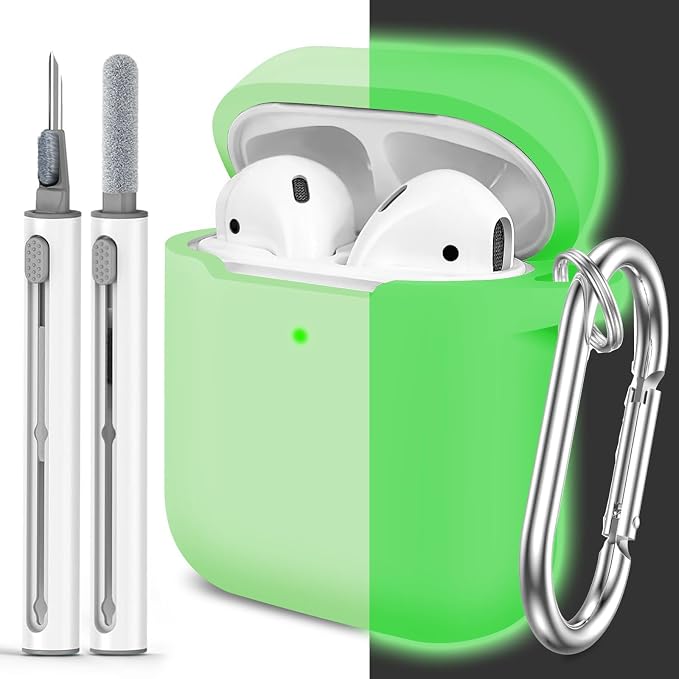 for AirPods Case Cover, Come with Clean Pen，Soft Silicone Protective Cover for Women Men Compatible with Apple AirPods 2nd 1st Generation Charging Case, Front LED Visible,Glow Green