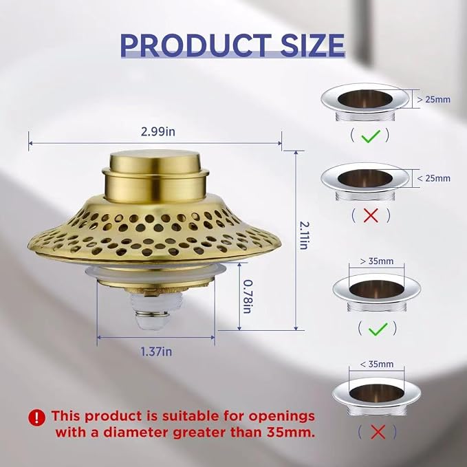 Bathtub Drain Stopper with Removable Hair Catcher, 3-in-1 Pop-up Drain Plug Fits 1.38 to 1.8 Inch Holes, Upgrade Shower Drain Cover with Stainless Steel Filter