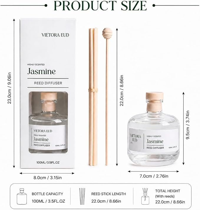 Jasmine Reed Diffuser, 3.5 Fl Oz | Floral Fragrance Lasts 12 weeks, Flameless & Safe. Perfect for bedroom/office. Natural oils, gift, 3.5 oz.