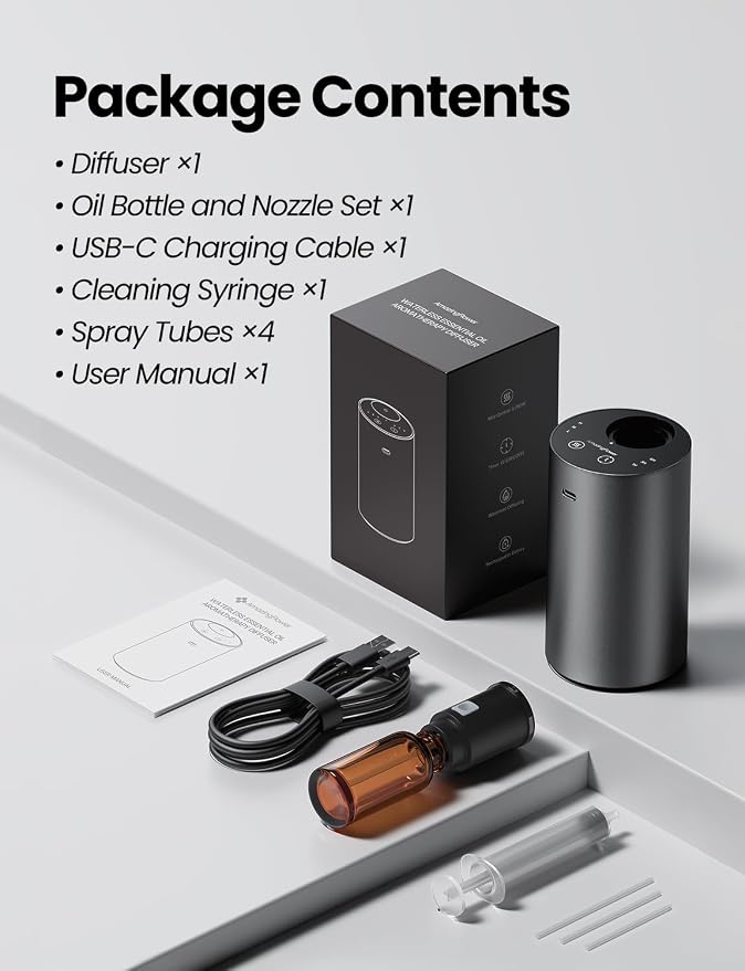 Waterless Essential Oil Diffuser, Rechargeable Car Scent Diffuser, Grey | Premium Aluminum Alloy Housing, Cordless, 3 Mist Levels, Timers, Portable Aromatherapy Diffuser for Home, Car & Office